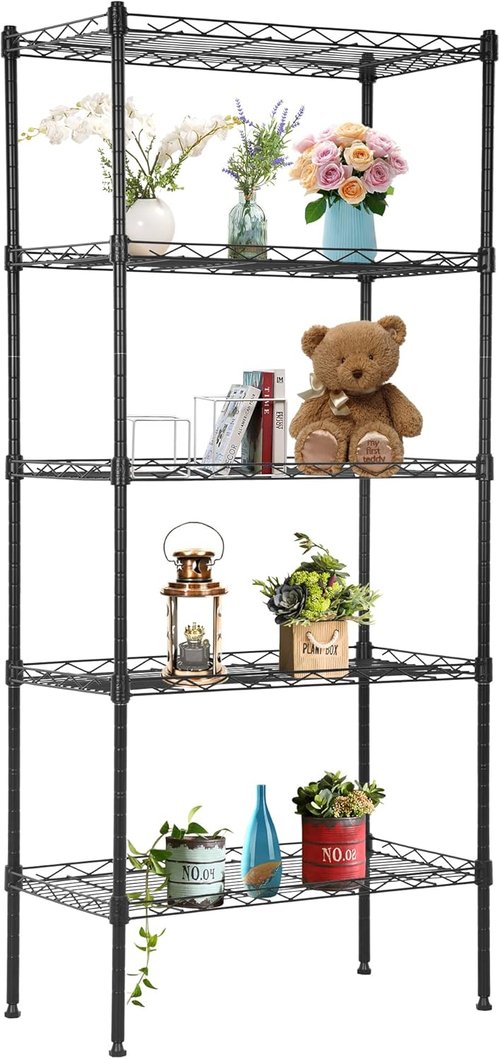 FDW Adjustable 5-Tier Pantry Shelves - Metal Storage Rack for Kitchen & Garage | Black, 22L x 12W x 48H