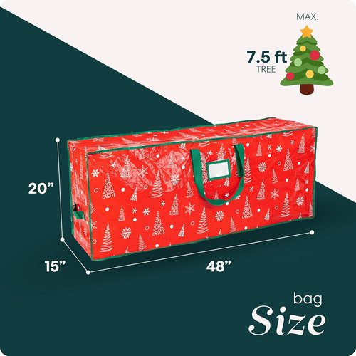 Christmas Tree Storage Bag - Durable Waterproof Zippered Bag for 7.5 Foot Artificial Trees | Red Printed Design