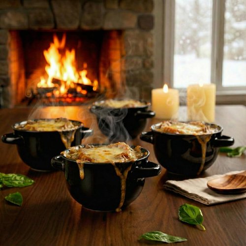KooK French Onion Soup Crocks - Durable Ceramic Bowls with Handles | Set of 4, 18 oz, Black, Oven Safe