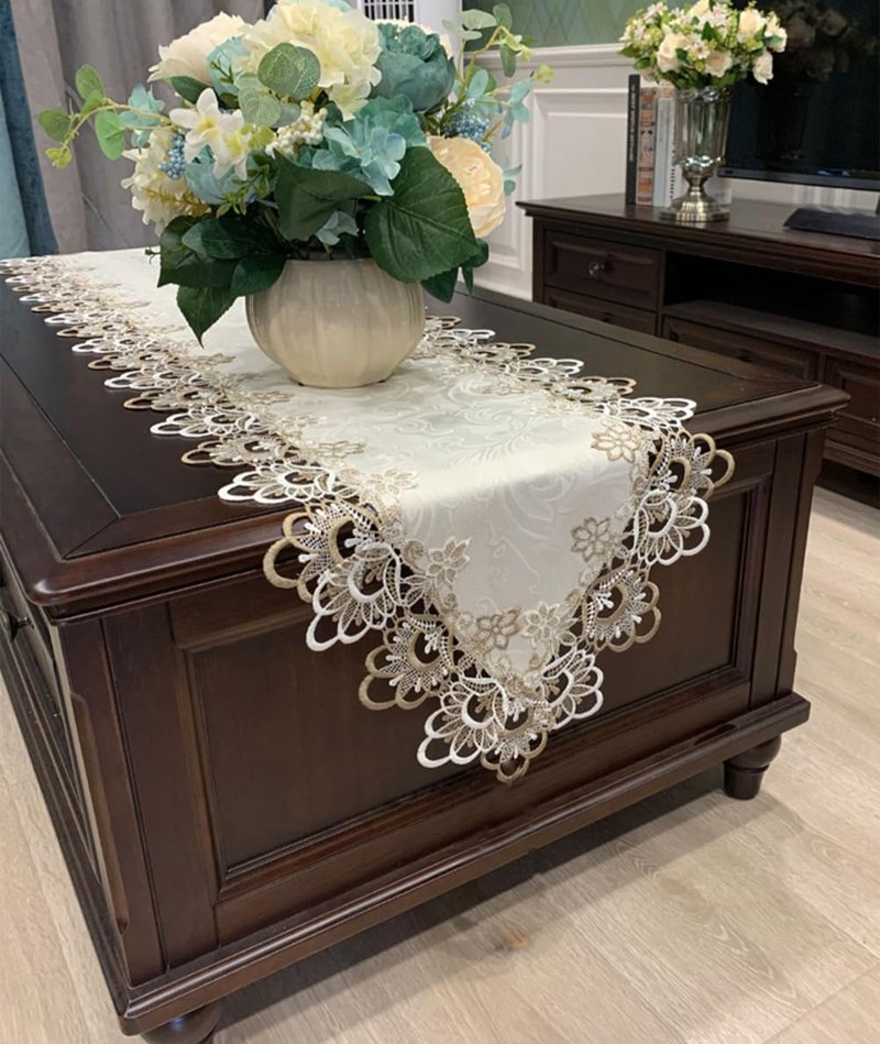 AMZALI Macrame Table Runners for Party, 70inch Runner Lace Floral Embroidered Rectangle Dresser Scarf Wedding Tabletop Table Decorations for Home and Dining Room Beige & White
