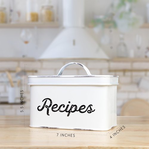 AuldHome Design Rustic White Recipe Box; Enamel Farmhouse Recipe Holder and Organizer for 4 x 6 Inch Recipe Cards