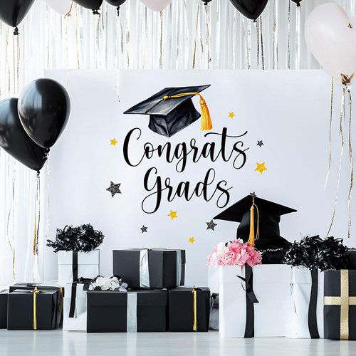 FYSUIMU Graduation Cap Decal - Black & Gold Welcome Sign for Party Backdrop & Balloon Arch Decor