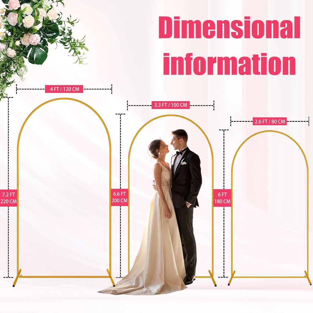 3 Pack Arch Backdrop Stand (7.2FT/6.6FT/6FT), Balloon Arch Stand with Base, Metal Arch Stand, Gold Baby Shower Backdrop Arch, Wedding Arch Frame