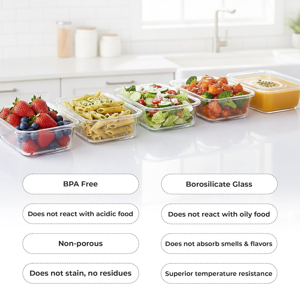 Zulay Kitchen 36oz Glass Tupperware Container Set - 5 Piece BPA-Free Borosilicate Food Storage | Leak-Proof & Oven Safe - Gray
