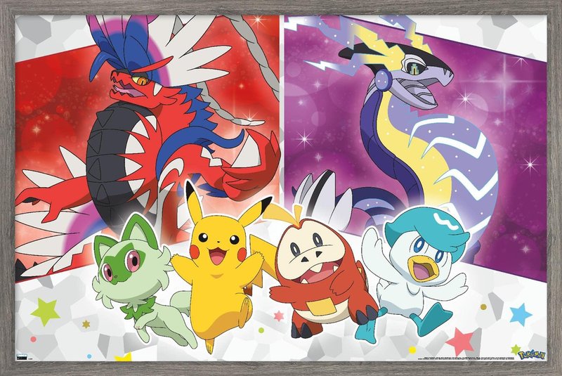 Trends International Pokémon - Group Sparkle Wall Poster, 22.4L x 14.7W, Gray Framed Version