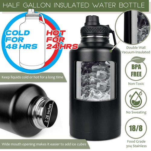 DEFUNX 64 Oz Water Bottle Gym Water Bottles for Men Half Gallon Insulated Water Jug with Sleeve and Strap Stainless Steel Large Sports Bottle Workout Hiking All Black
