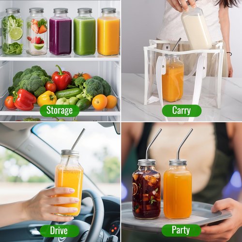 BIGIVACA 16 oz Glass Juice Bottles with Lids 10 Pack | Reusable & Leakproof Juicing Jars with Airtight & Sipping Lids, Straws & Brushes for Travel, Office, Home, Gym