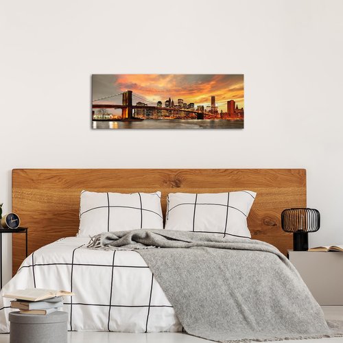 NutArtPic Brooklyn Bridge Canvas Wall Art Large New York City Picture Print Manhattan Night Skyline Painting On Canvas Modern Artwork For Living Room Home Decor 16''x40''x1 panel