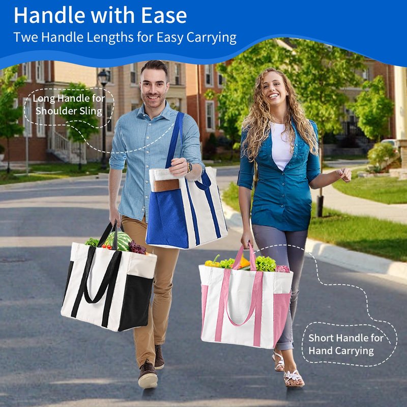 Canvas Grocery Shopping Bags, KIDJFGG Heavy Duty Cotton Canvas Totes with Reinforced Handles, Large Reusable Bag with Bottle Sleeves & Side Pockets, Foldable, Sublimation Bag for Picnic/Beach (3 Pack)