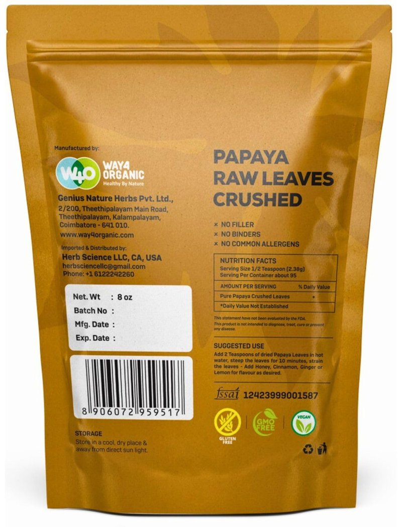 Papaya Leaf Tea 8 Oz, Dried from Fresh Green Leaves, Good to make Tea, 100% Loose Leaves(No Fruit, No Seeds) - Way4Organic (1 Pack(8 Oz))