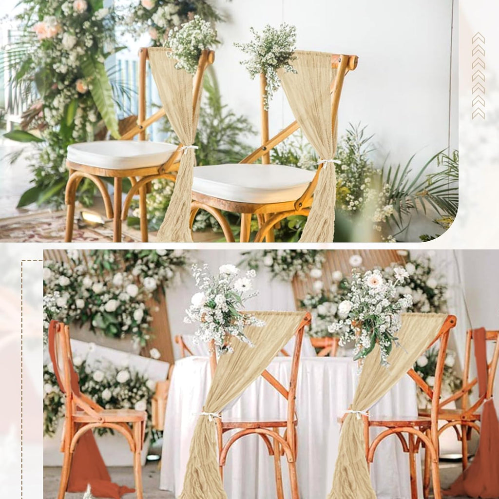 Skiennix 50 PCS Cheesecloth Chair Sashes - Elegant Wedding Aisle Decorations in Beige