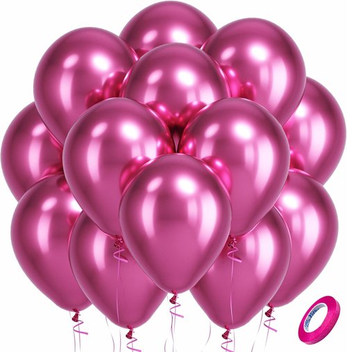 Bezente Metallic Hot Pink Latex Balloons - 100 Pack 12-Inch Round Helium Balloons for Parties & Celebrations