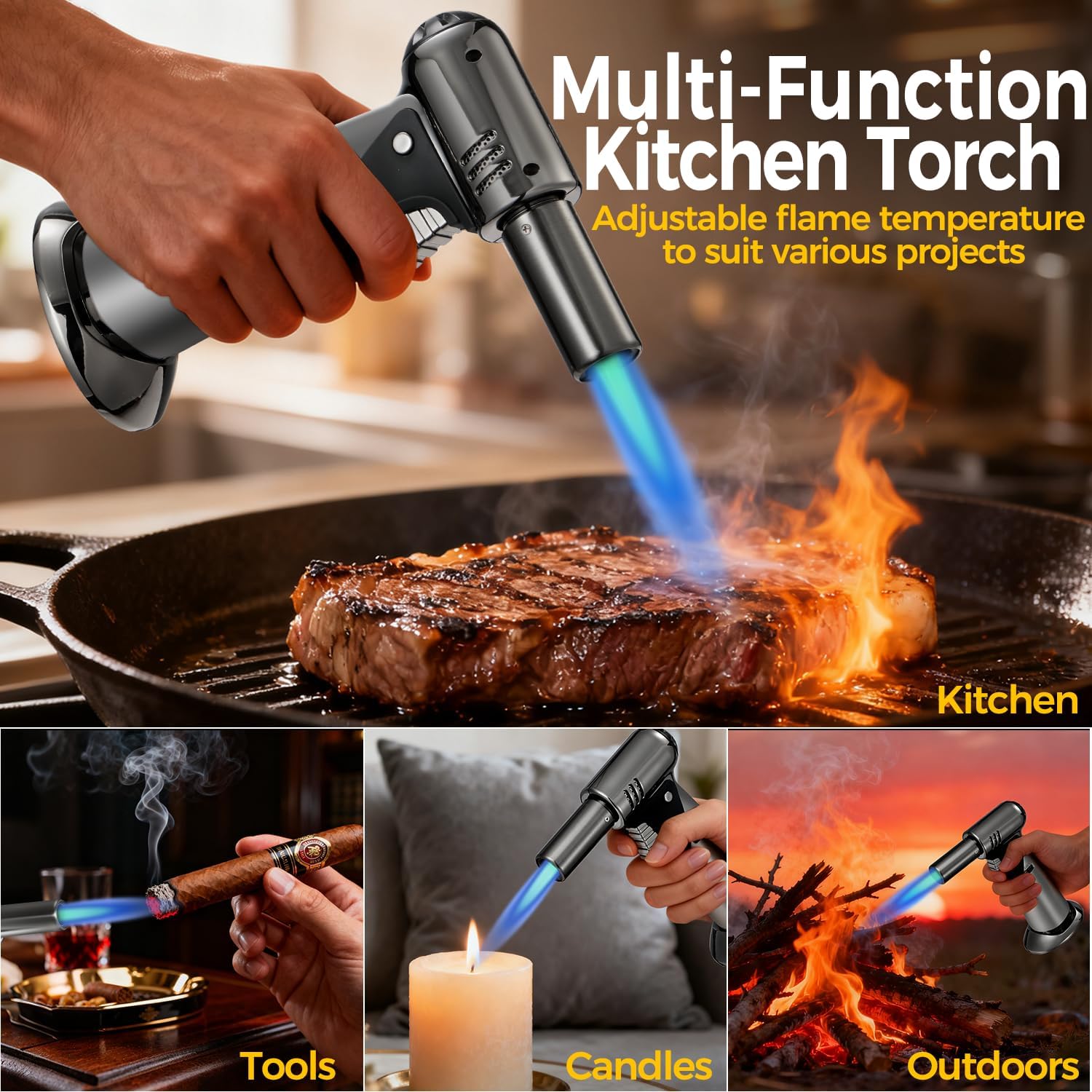 Skiennix Butane Torch - Adjustable Flame Kitchen Torch with Safety Lock for Baking & BBQ | Refillable Lighter