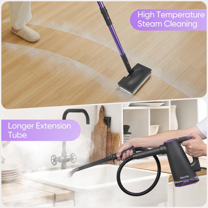 Seyola Steam Mop Cleaner for Hardwood Floor Cleaning, Hands-free Steamer Cleaner Handheld with 9-in-1 Multi-purpose Attachments for Bathroom, Windows, Sofas, Clothes, Tiles Grout (Purple-Grey)