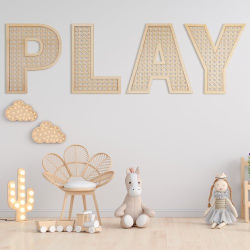 GlikCeil Playroom Decor Rattan Letters Set 12 x 15 Boho Wall Signs for Bedroom Large Wooden Rattan Letters for Toddler Girls Boys Playroom Art Nursery Room Decorations(Play)