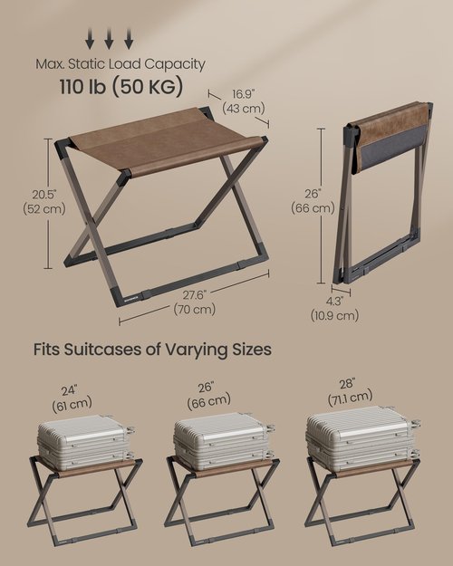 SONGMICS Luggage Rack, Foldable Suitcase Stand, Metal Luggage Holder, Synthetic Leather, Easy to Assemble, for Guest Room, Hotel, Bedroom, Walnut Brown and Ink Black URLR009K01