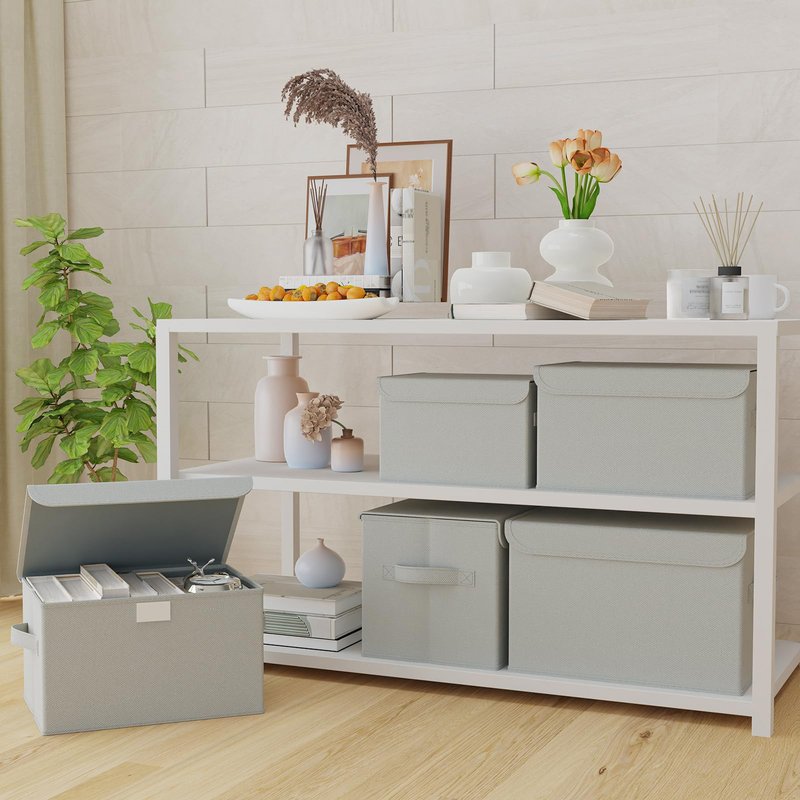 GUOHNHE Storage Bins with Lids for Organizing, Closet Boxes with 2 Carrying Handles and Sturdy Heavy Cardboard, Home Organizers Cubes, 4 Pack, Grey, 15 x 9.8 x 9.8 In, XSNY12GL-4