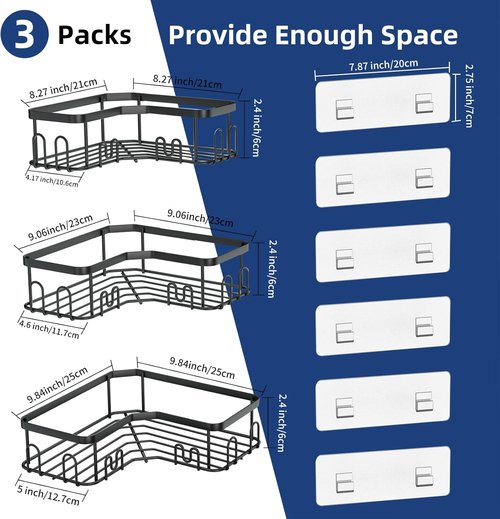 Menbyci Corner Shower Caddy - 3 Pack Adhesive Bathroom Shelves with 18 Hooks | Rustproof Stainless Steel, Black