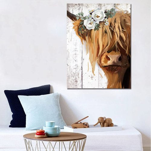 Highland Cow Art and Farmhouse Wall Decor - Country Canvas Printing Rustic Bedroom Decor Retro Yak Wall Art Home Artwork Print Used in Bathroom Office Bedroom Kitchen Dining Room Decorate