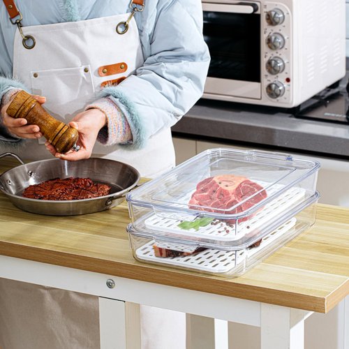 FillTouch 2 Pcs Bacon Storage Container for Refrigerator with Tong, Bacon Deli Meat Storage Container with Perforated Tray for Freshness, Clear Plastic Meat Saver for Fridge Food