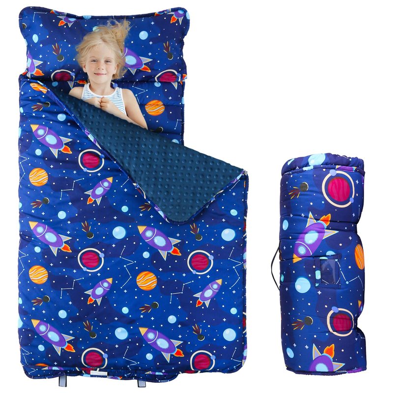 Toddler Nap Mat with Removable Pillow and Blanket, Sleeping Bag for Kids, Lightweight and Soft Slumber Bags for Preschool, Sleeping Mats for Daycare Sweat Absorbing and Breathable (Navy Blue Rocket)
