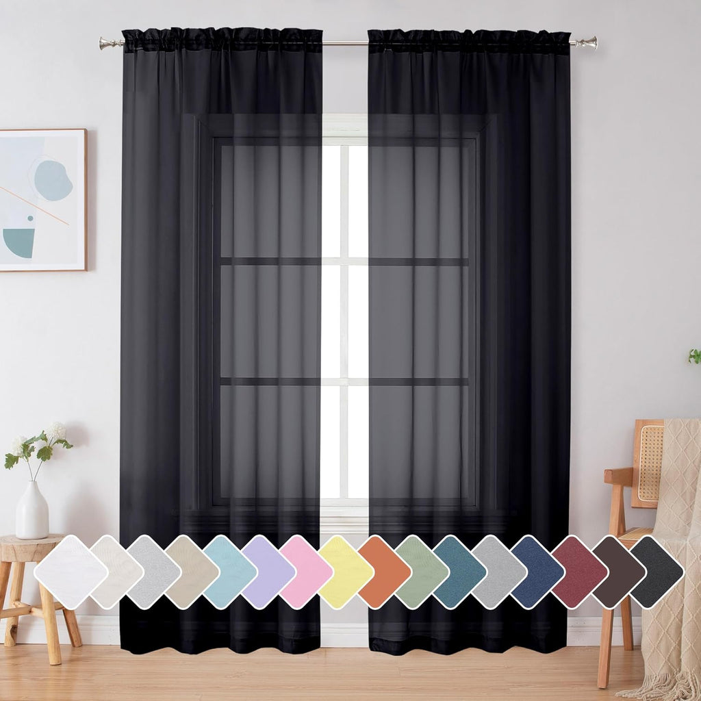 Simplebrand Black Sheer Curtains - Elegant Light Filtering Rod Pocket Panels | 84" Long, 42" W (Set of 2)