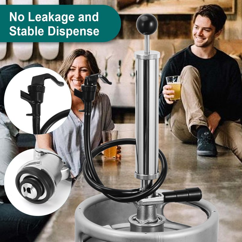 8" Keg Tap Pump - American D-System Beer Keg Tap, Party Beer Keg Hand Pump Tap Kit, Beer Picnic Tap Dispenser for Home Bar, Kegerator Beer Pump with 2 Beer Faucet, Beer Hose and 2 Hose Clamps