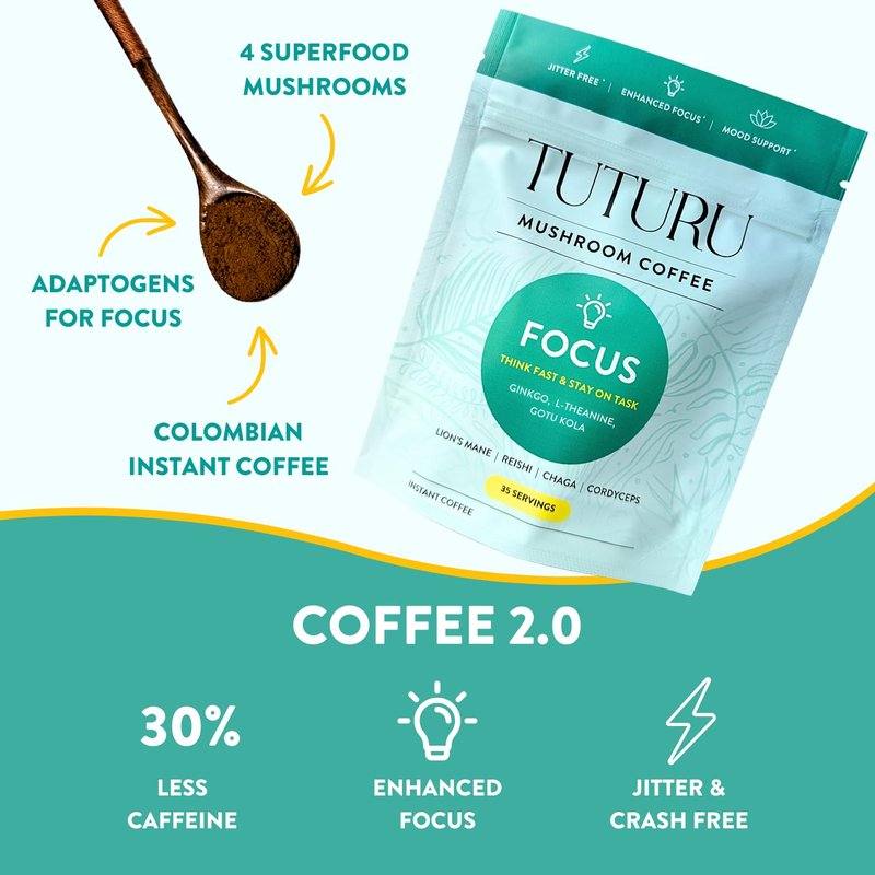 Focus Mushroom Instant Coffee - Adaptogen Coffee with Lion's Mane, Chaga, Ginkgo, L-Theanine - Jitter & Crash Free Energy - 35 Servings (Instant)