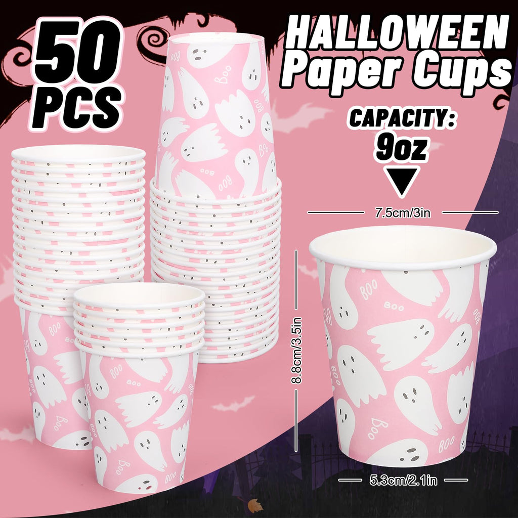 Whaline 50Pcs Halloween Ghost Paper Cups Cute Pink White Ghost Disposable Cups Halloween Party Cups for Cold Hot Coffee Drink Table Decor Supplies, 9 Oz