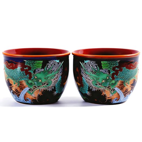 HOHCNA Chinese Enamel Tea Cups Set of 2, Royal Style Dragon Pattern Tea Cups, 4 oz Handleless Traditional Ceramic Teacup for Gongfu Tea Ceremony Art Deco