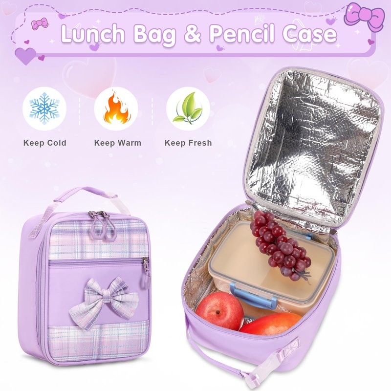 ACESAK Backpack for Girls with Insulated Water Bottle, Bow Tie Plaid Bookbag for Girls Kids, 14oz Kids Water Bottle Stainless Steel, Lunch Bag & Pencial Case, Back To School Gift (Purple)