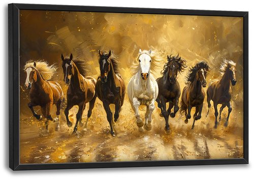 Large Horse Wall Art Lucky 7 Running Horses Painting Wall Decor Golden Canvas Prints Pictures Modern Framed Artwork Home Decoration above Bed for Living Room Dining Room Bedroom Office 36"x24"