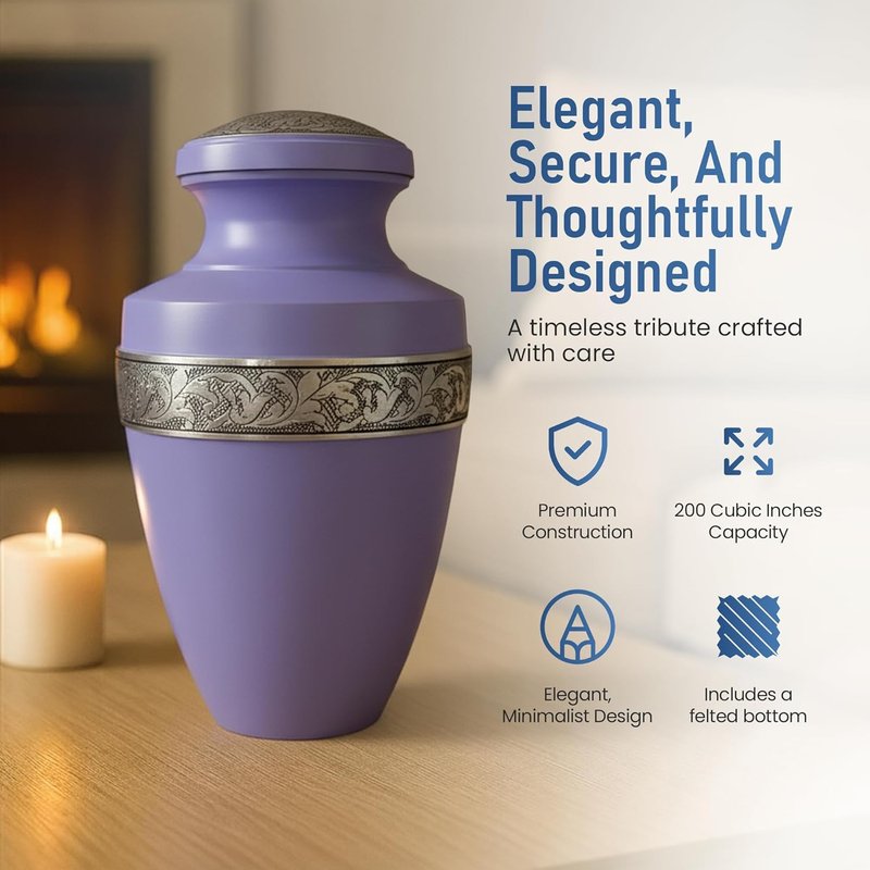 Modern Memorials Cremation Urn for Ashes - Large Urn for Man & Women - 200 Cubic Inches - Includes Velvet Storage Bag - Purple