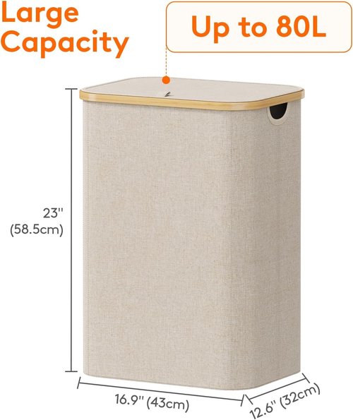 Lifewit 80L Laundry Basket - Foldable Clothes Hamper with Lid & Bamboo Handles | Beige