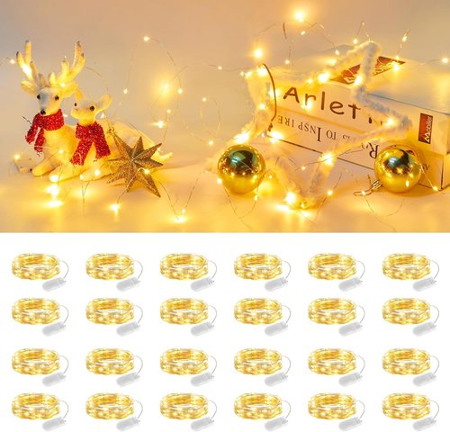 Brightown 24 Pack Fairy Lights | Battery Operated 7 ft Mini String Lights - Waterproof Silver Wire for DIY Crafts & Weddings
