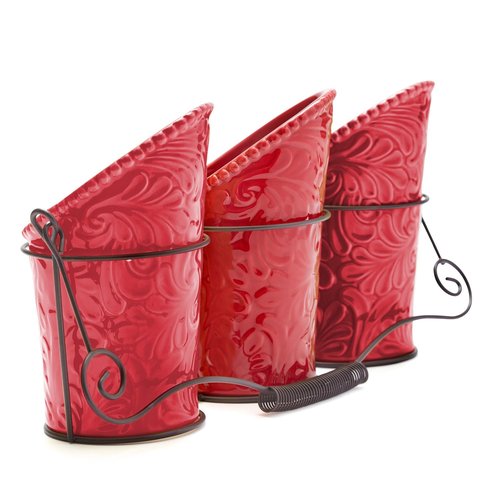 ienjoyware Kitchen Flatware Caddy - 3 Ceramic Utensil Holders (4" Dia x 7" H each) & 1 Wire Caddy - Red