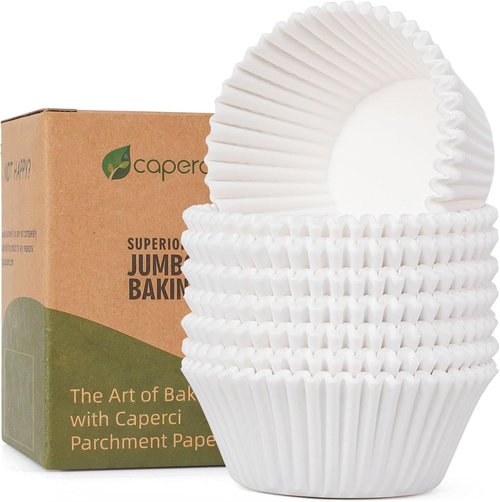 Caperci Jumbo Muffin Liners - 200 Pcs White Baking Cups, Non-Stick & Grease-Proof, Food Grade