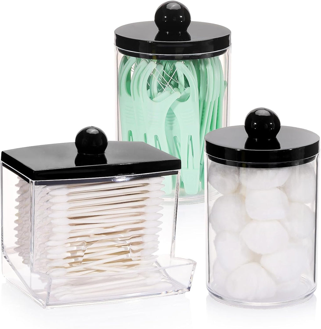 Tbestmax Cotton Ball Holder - 10oz Apothecary Jar Organizer for Bathroom | Q-Tips & Swabs Storage with Black Lid