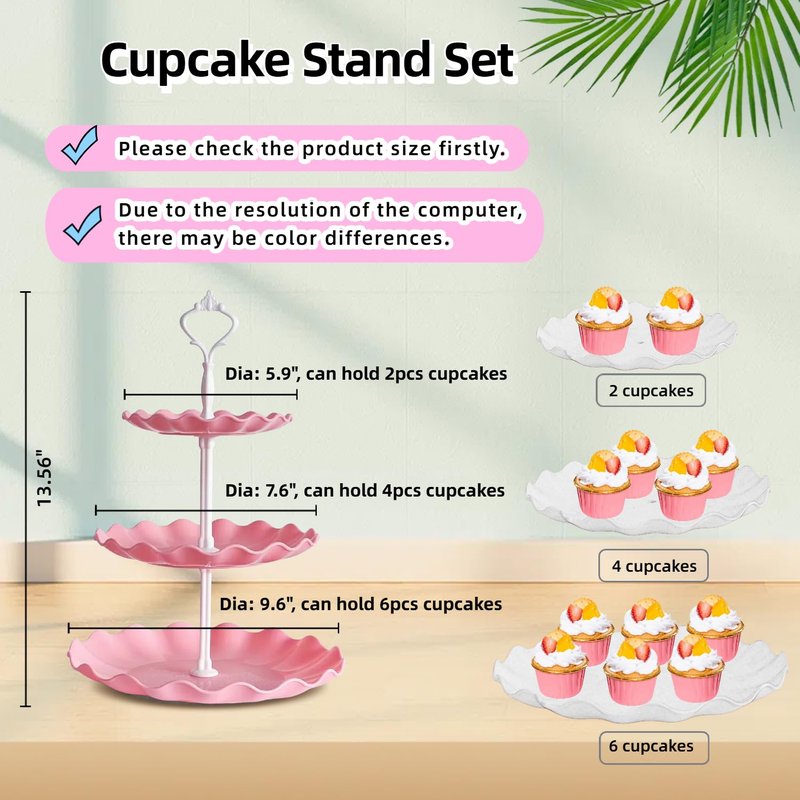 RAUVOLFIA 5 Pcs Dessert Stand Set, 2X Small 3 Tiers White Plastic Cupcake Stand Holder & 3X Rectangle Party Serving Trays/Platters for Wedding Birthday Baby Shower Tea Party Buffet (Pink)