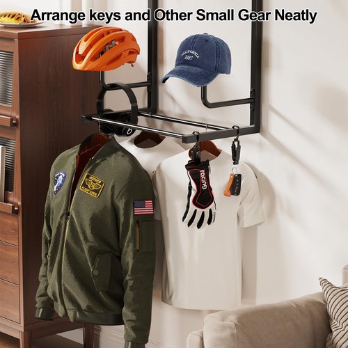 Motorcycle Helmet Rack Wall Mount,33.5"x20"x12" Universality Sport Gear Organizer with 6 Glove Clips & 6 Key Hooks,70LBS Capacity Storage Shelf for Helmets,Racing Suits,Jackets,Boots