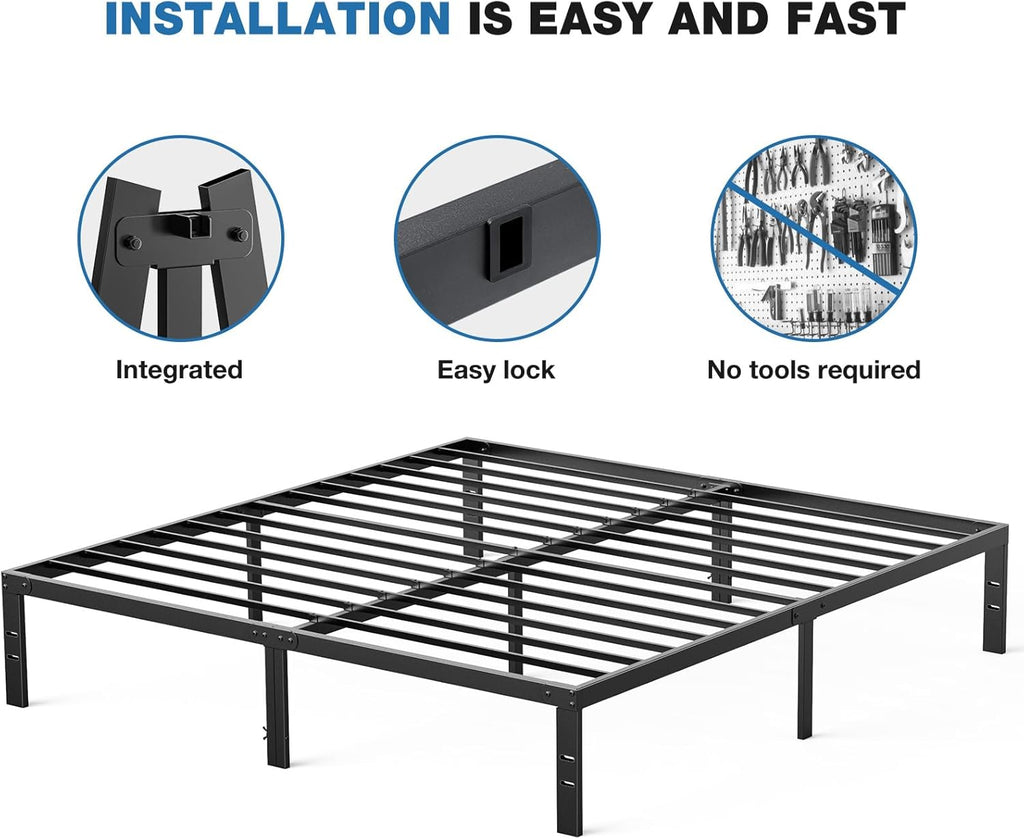 OLIXIS Metal Queen Bed Frame - 14-Inch High with Storage Space | Heavy-Duty Steel Slat Support, Black