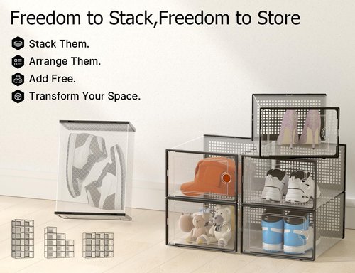 Kuject Clear Plastic Shoe Storage Boxes - Stackable 12-Pack Organizers for Sneakers & Toys | XXX-Large, Black