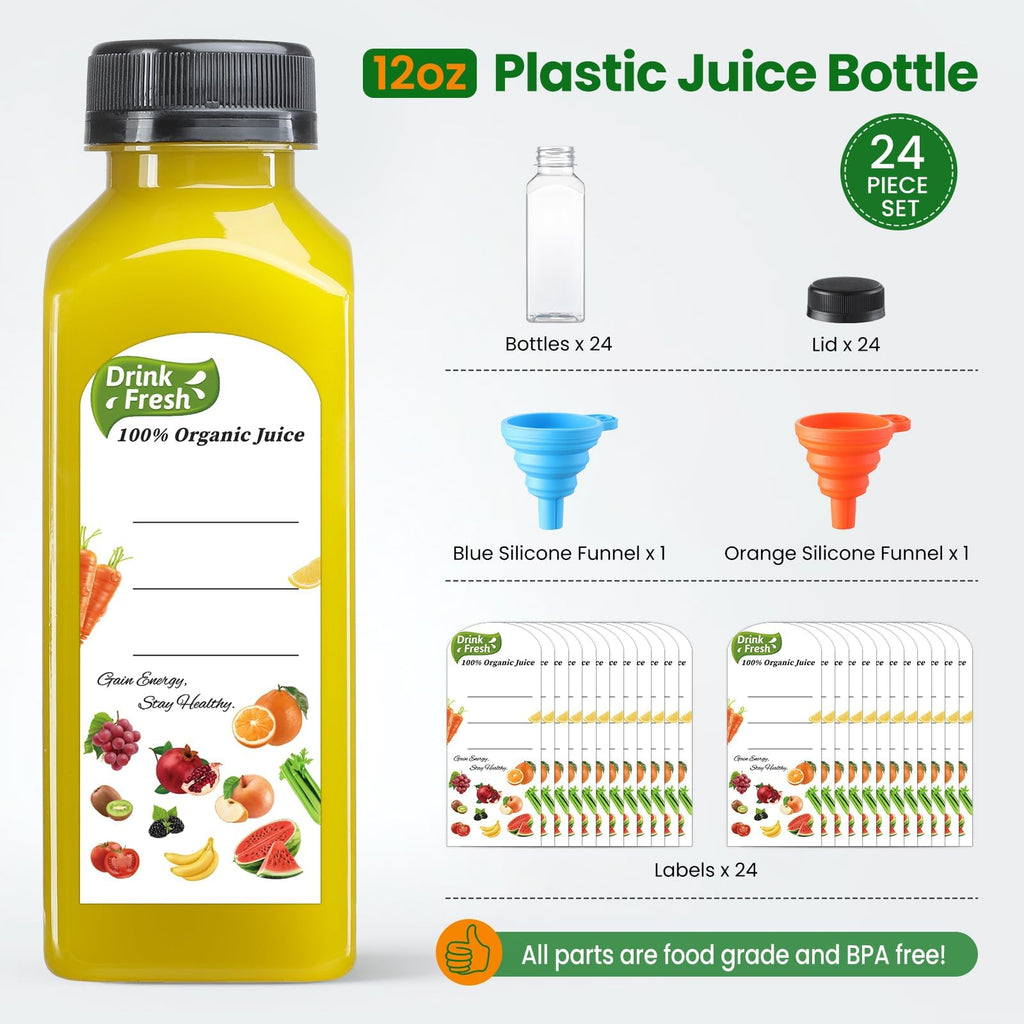 12 Pack, 12 OZ Reusable Plastic Juice Bottles with Caps, Plus 12 Labels & 2 Silicone Funnels - Clear Juicing Bottles for Juice, Smoothies, Ginger, Tea, Coffee - Food Grade & Leakproof Travel Bottles