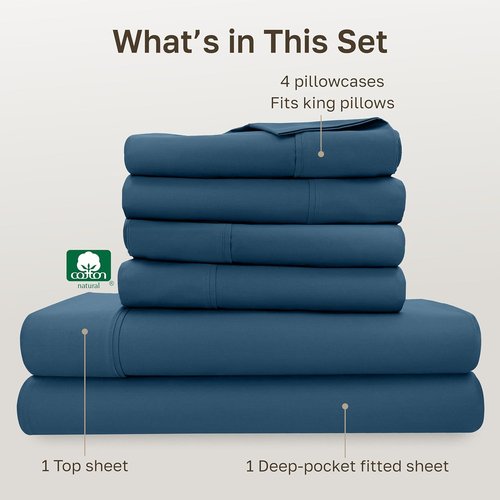California Design Den King Size Sheet Set - Soft 400 Thread Count 100% Cotton, Deep Pocket, Peacock Blue | 6-Pc with 4 Pillowcases