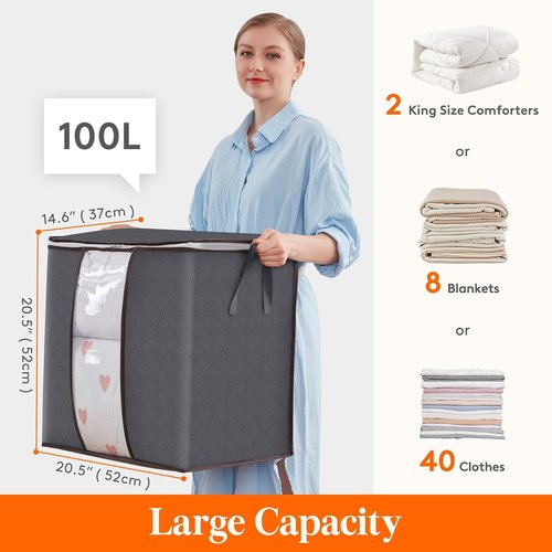 Lifewit 100L Clothes Storage Bins - 6 Pack Foldable Bags with Lids, Clear Window & Reinforced Handles