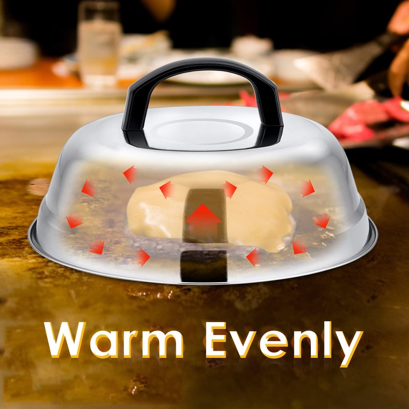 Leonyo 9 Inch Cheese Melting Dome Lid Set of 2, Stainless Steel Griddle Accessories, Durable Basting Steaming Cover for Teppanyaki Flat Top Griddle Grill, Hamburger Bacon Steak Patties, Plastic Handle