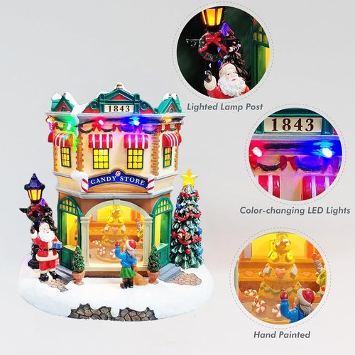 Moments In Time LED Musical Candy Store - 10.3” Light Up Christmas Village Scene | Plays 8 Classic Songs, Battery Operated Holiday Décor Gift