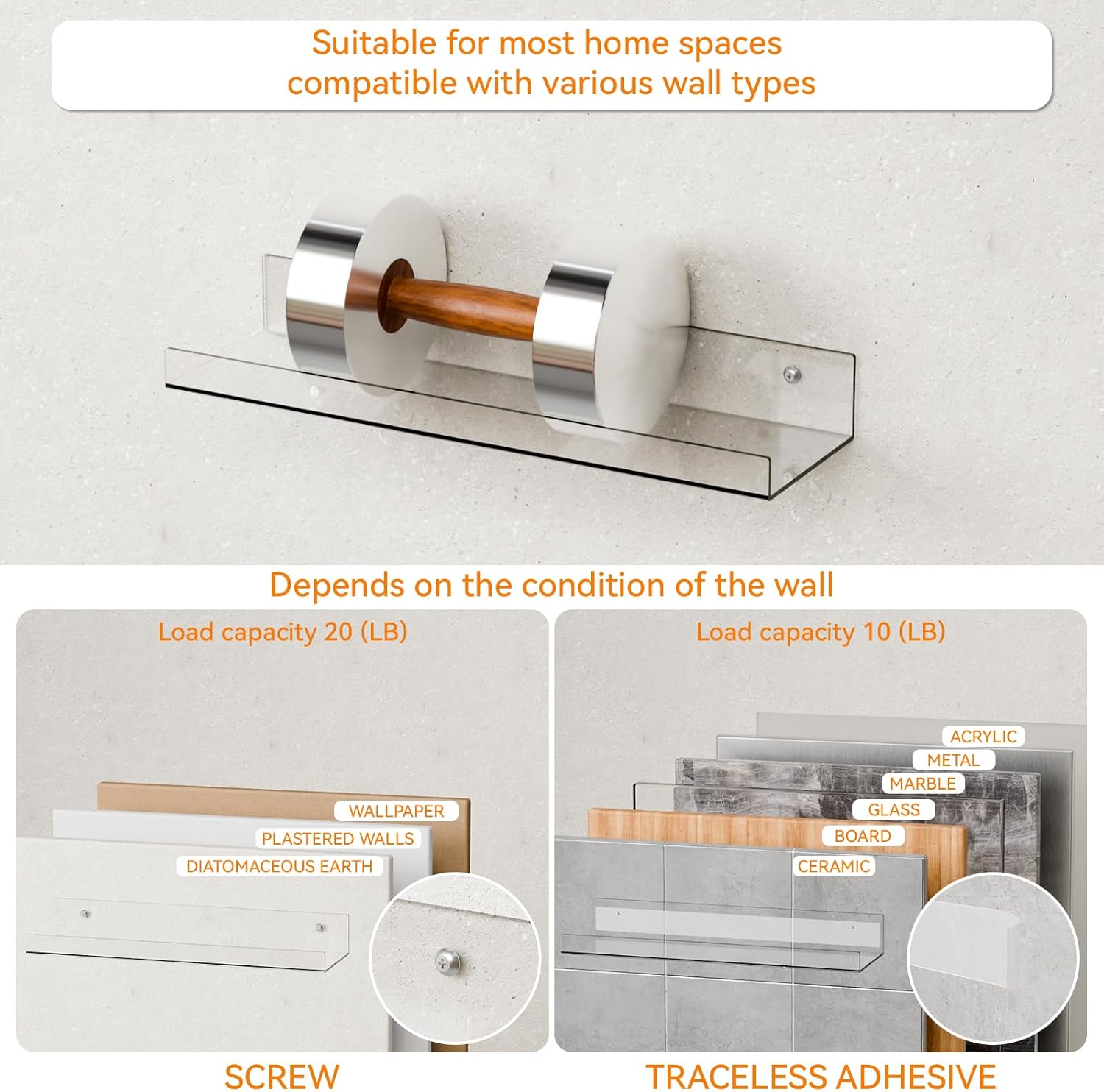 Skiennix 15-Inch Clear Acrylic Floating Shelves - No Drill, Renter-Friendly Wall Storage for Kids' Room & Bathroom