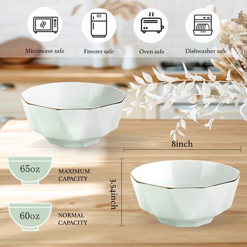 Wpslnwo Large Serving Bowls Set, 8inch 60oz Ceramic Salad & Soup Bowls, Pho Bowls, Cream Green Diamond Set of 2, Microwave & Dishwasher Safe, Easy Clean