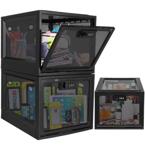 Wenqik 3 Pcs Medicine Lockable Box Combination Medication Lockable Container Storage Box Refrigerator Food Snack Locker Tablet Phone Locking Organizer Bin for Home Office Personal Items, Black